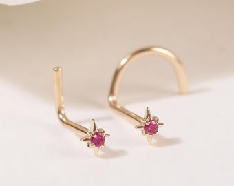 14K Solid Gold Starburst Ruby CZ L Bend Nose Pin • 9K North Star Birthstone S-Shape Nose Stud • Dainty Celestial Screw Nose Piercing