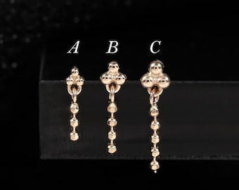 14K Solid Gold Bead Chain Dangle Stud Earring • Dainty Beaded Helix Cartilage Threadless Flat Back • Minimalist Earlobe Piercing Jewelry