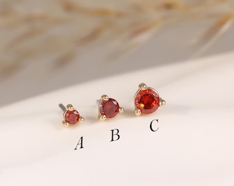 14K Solid Gold Tiny Garnet CZ Helix Stud Earring • Dainty Birthstone Cartilage Flat Back • Minimalist Earlobe Conch Tragus Piercing Jewelry
