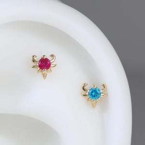 14K Solid Gold Round Birthstone Helix Piercing Jewelry • Flower Cartilage Conch Threadless Pin • Minimalist Earlobe Tragus Stud Earring