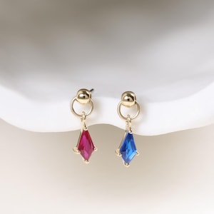 14K Solid Gold Dangle Kite Shape Stud • Tiny Ball Dangle Cartilage Earring • Minimalist CZ Earlobe Piercing Jewelry