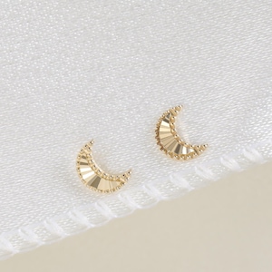 14K Solid Gold Celestial Moon Earring • Delicate Beaded Helix Cartilage Threadless Flat Back Stud • Gold Crescent Earlobe Piercing Jewelry