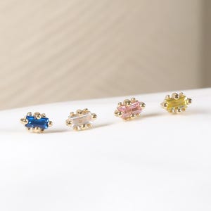 Solid 9K/14K Gold Birthstone CZ Helix Stud Earring • Minimalist Baguette Cartilage Tragus Nose iercing