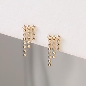 14K Solid Gold Beaded Helix Stud Earring • 9K Dangle Bead Chain Cartilage Threadless Push Back • Drop Triple Chain Earlobe Piercing Jewelry