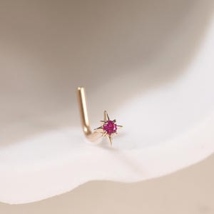 Puede incluir: Un piercing de nariz dorado con un diseño de estrella y una pequeña gema roja redonda en el centro. La joya se encuentra sobre un fondo suave y neutro, resaltando los delicados detalles y la artesanía.