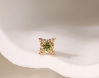 14K Solid Gold Starburst Peridot CZ Helix Piercing • Dainty Star Earlobe Tragus Flat Back • Beaded Prong Birthstone Cartilage Conch Earring