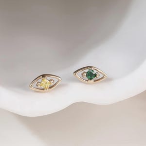 14K Solid Gold Evil Eye Emerald CZ Helix Earring • Dainty Hollow Birthstone Cartilage Flat Back • Minimalist Tragus Conch Earlobe Piercing