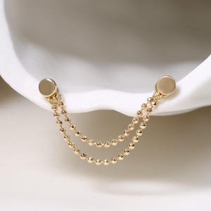 14K massief gouden dubbele piercingketting, helix kraakbeenkettingconnector, dubbele bungelkraal oorketting, minimalistische oorstapel sieraden