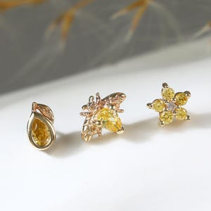 14K Solid Gold Pear Citrine CZ Threadless Pin • Tiny Bee Helix Tragus Flat Back Earring • Flower Cartilage Earlobe Piercing • Earring Set