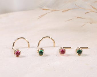 14K Solid Gold Emerald L Bend Nose Stud • 9K Minimalist Ruby S-Shape Nose Pin • Round Screw Nose Piercing • Delicate CZ L Shape Nose Ring