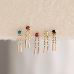 14K Solid Gold Birthstone Helix Dangle Piercing • 9K Dainty Double Chain Earlobe Threadless Flat Back • Drop Bar Cartilage Piercing Jewelry