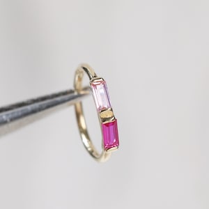 14K Solid Gold Baguette Ruby Pink Tourmaline CZ Helix Hinged Hoop, Gold Birthstone Cartilage Segment Ring, Earlobe Rook Nose Huggie Clicker