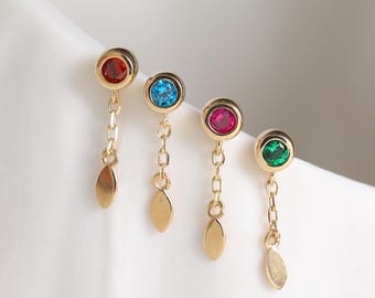 14K Solid Gold Birthstone CZ Bezel Setting Helix Earring • 9K Drop Marquise Cartilage Piercing Jewelry • Dangle Chain Earlobe Earring