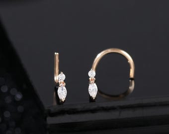 14K Solid Gold Marquise Round CZ L Bend Nose Pin • 9K Dainty Birthstone Screw Nose Piercing • Minimalist S-Shape Nose Stud • Everyday Wear