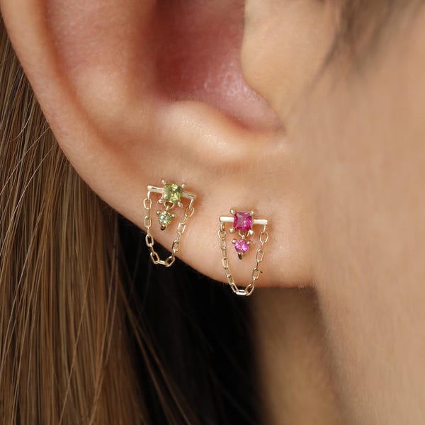 14K Solid Gold Birthstone Dangle Helix Piercing • 9K Dangle Chain Cartilage Threadless Flat Back • Delicate Upper Earlobe Stud Earring