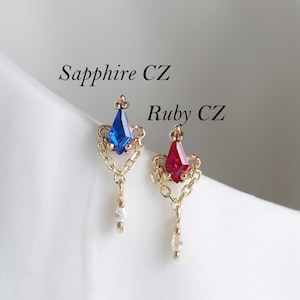 14K Solid Gold Kite Ruby Blue Sapphire CZ Helix Earring • Dangle Diamond CZ Cartilage Flat Back • Beaded Prong Earlobe Piercing Jewelry