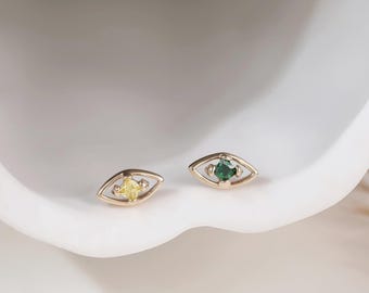 14K Solid Gold Evil Eye Emerald CZ Helix Earring • Dainty Hollow Birthstone Cartilage Flat Back • Minimalist Tragus Conch Earlobe Piercing