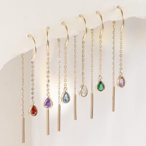 14K Solid Gold Birthstone Hook Line Earring • 9K Drop Teardrop CZ Bar Threader • Delicate Wire Pull-Through Hoop Ear Chain Piercing