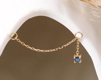 14K Solid Gold Square Birthstone Dangle Chain • Dainty Drop Zircon Helix Piercing Attachment Jewelry • 9K Cartilage Earlobe Chain Accessory