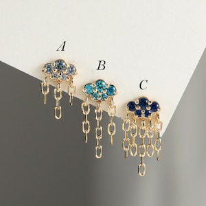 14K Solid Gold Blue Birthstone CZ Cloud Helix Piercing • Dangle Cable Chain Cartilage Flat Back Earring • Raindrop Earlobe Threadless Pin