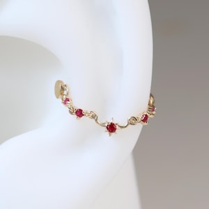 14K Solid Gold Ruby Starburst Nose Chain • Delicate Celestial Moon Helix Cartilage Chain Accessory • Dainty Gemstone Earlobe Piercing Chain