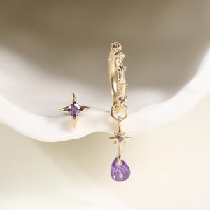 Conjunto de brincos: Piercing de hélice com ametista em ouro maciço 14K com base plana, design estrela e base plana; Piercing de cartilagem rook em ouro 9K com clicker em formato de estrela; Berloque de argola com zircônia cúbica flutuante; Conjunto de brincos