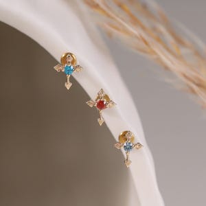 14K Solid Gold Cross Birthstone Tiny Helix Piercing • Delicate Crown Earlobe Threadless Flat Back • Minimalist Cartilage Conch Earring