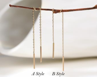 14K Solid Gold Dangle Cable Chain Threader • 9K Drop Long Chain Pull Through Earring • Minimalist Bar Earlobe Piercing