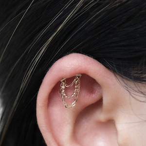 14K Solid Gold Vertikal Versteckte Helix Piercing • 9K Drop Triple Kette fadenlos Flachrück • Zierlicher versteckter Knorpel Rook Ohrring