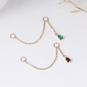 14K Solid Gold Teardrop Birthstone Dangle Chain • Dainty Pear Drop Helix Piercing Attachment Jewelry • 9K Cartilage Earlobe Chain Accessory