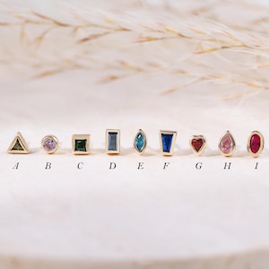 14K Solid Gold Herz Birthstone Ohrring • 9K Dainty Teardrop Marquise Threadless flache Rückseite • Minimalist Multiple Form Ohrläppchen Piercing