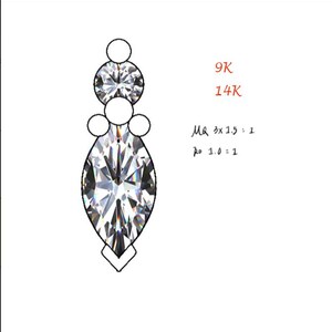 Peut inclure: Un croquis de bijou pr&eacute;sentant une grande pierre pr&eacute;cieuse taille marquise au centre, surmont&eacute;e d'une pierre ronde et d'un petit cercle, avec deux cercles lat&eacute;raux. Le texte indique 9K, 14K, MQ 3x1.5 : 1 et Ro 1.0 : 1. Le design est en noir et blanc.