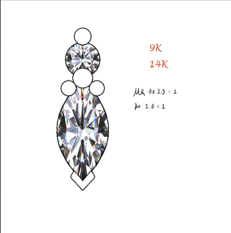 Peut inclure: Un croquis de bijou pr&eacute;sentant une grande pierre pr&eacute;cieuse taille marquise au centre, surmont&eacute;e d'une pierre ronde et d'un petit cercle, avec deux cercles lat&eacute;raux. Le texte indique 9K, 14K, MQ 3x1.5 : 1 et Ro 1.0 : 1. Le design est en noir et blanc.