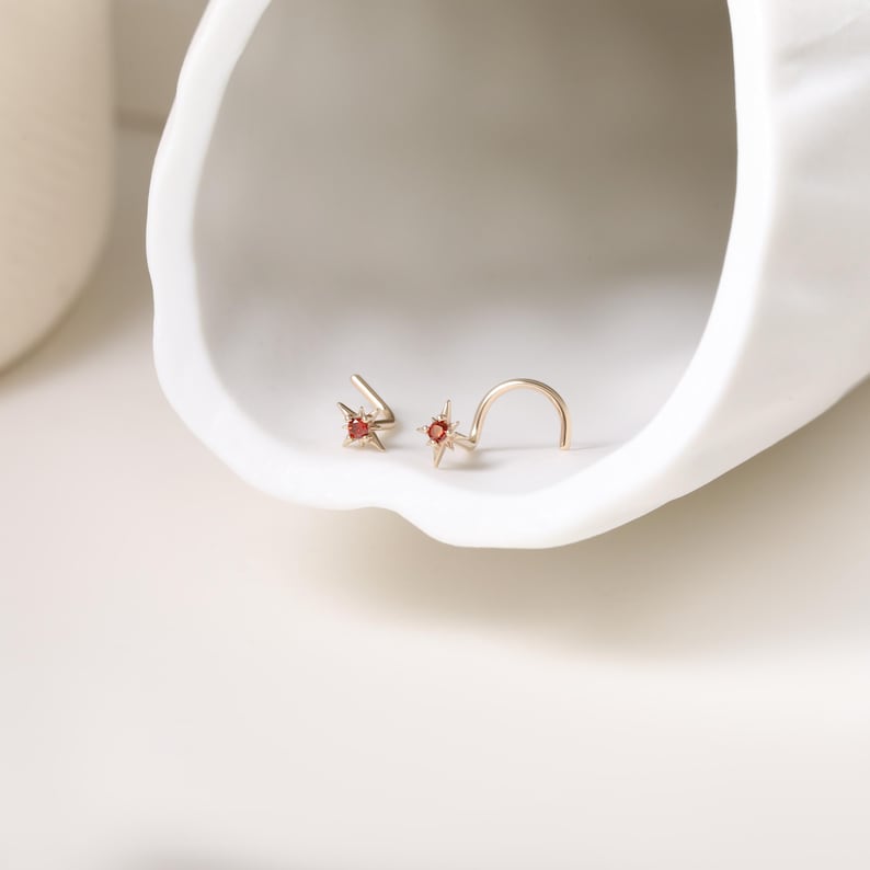 May include: Two gold-colored nose rings with star-shaped designs and red gemstones. One ring is a screw, and the other is a curved stud. The jewelry is displayed in a white, shell-shaped dish.