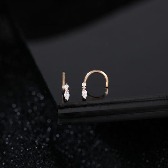14K Solid Gold Marquise Round CZ L Bend Nose Pin • 9K Dainty Birthstone Screw Nose Piercing • Minimalist S-Shape Nose Stud • Everyday Wear