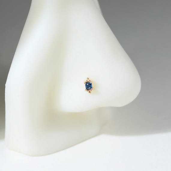14K Solid Gold Emerald Blue Sapphire CZ  L Bend Nose Pin • 9K Minimalist Beaded Prong S-Shape Nose Stud