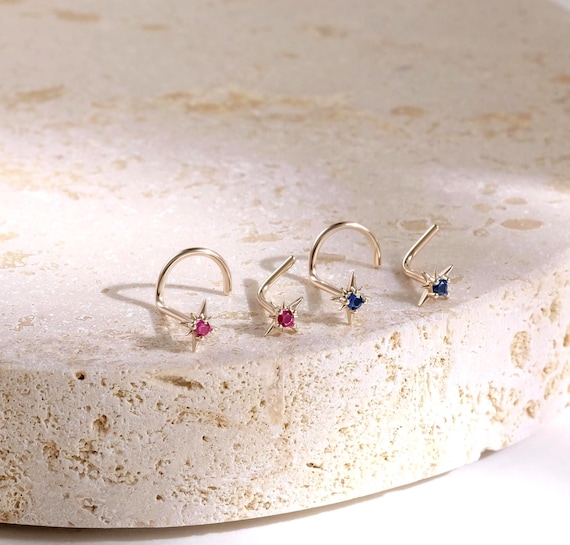 14K Solid Gold Starburst L Bend Nose Pin • 9K North Star S-Shape Nose Stud • Celestial Screw Nose Piercing • 12 Month CZ L Shape Nose Ring
