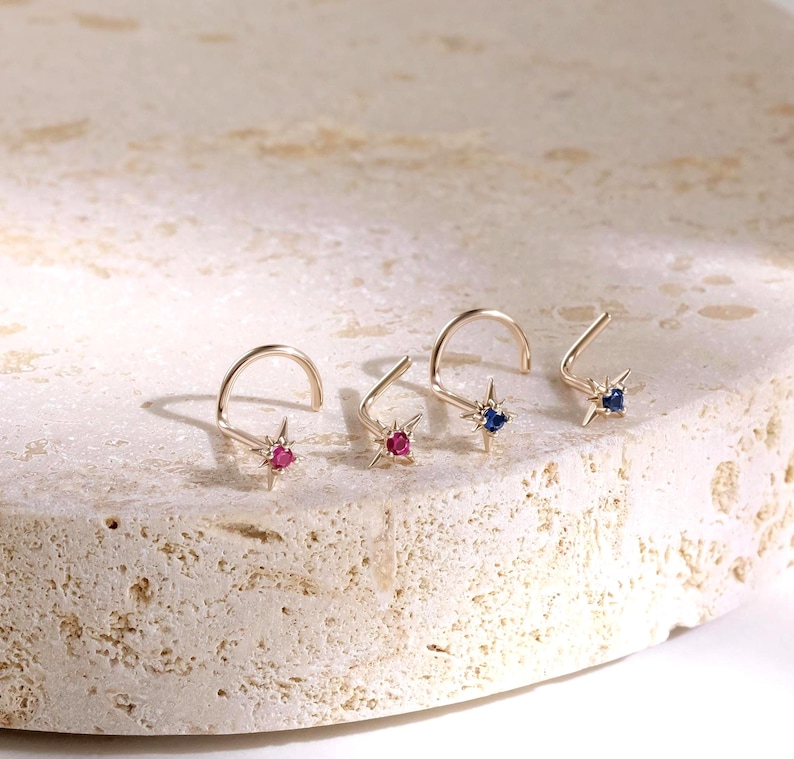 14K Solid Gold Starburst L Bend Nose Pin • 9K North Star S-Shape Nose Stud • Celestial Screw Nose Piercing • 12 Month CZ L Shape Nose Ring image 1