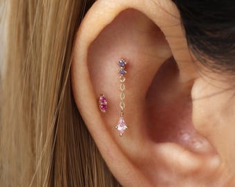 14K Solid Gold Emerald CZ Helix Stud Earring • Dangle Kite Birthstone Cartilage Threadless Flat Back • Drop Cable Earlobe Piercing Jewelry