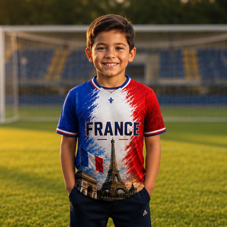 May include: A short-sleeved t-shirt featuring a vibrant graphic print of the French flag, the Eiffel Tower, and the Arc de Triomphe. The shirt displays the word FRANCE in bold dark blue letters across the chest, with a blue, white, and red color scheme.