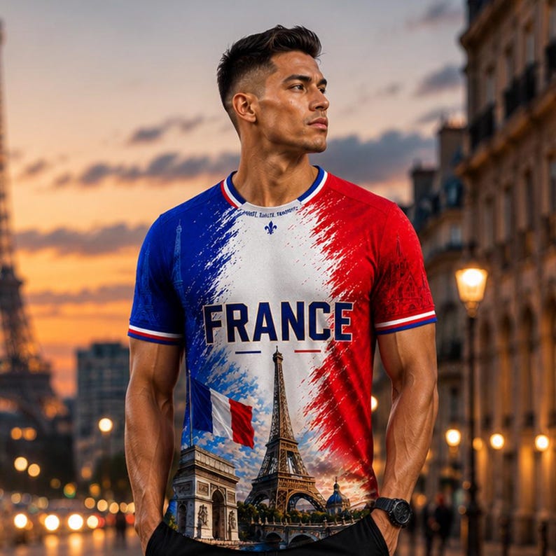 May include: A short-sleeved t-shirt featuring a tricolor design of blue, white, and red. The front displays the word FRANCE in bold letters, an image of the Eiffel Tower, the Arc de Triomphe, and a French flag, with a small fleur-de-lis symbol.