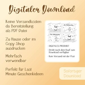 May include: A digital download product sheet featuring four printable cards with German text, including phrases like 'Die Welt ist sch&ouml;n' and 'ein dickes Danke verdient', decorated with small black hearts on a light beige background.