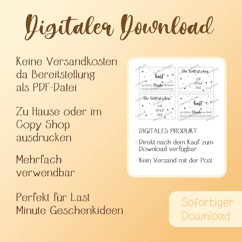 May include: A digital download product sheet featuring four printable cards with German text, including phrases like 'Die Welt ist sch&ouml;n' and 'ein dickes Danke verdient', decorated with small black hearts on a light beige background.