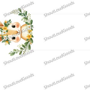 May include: Watercolor illustration of a bunny head with large ears, a pink nose, and black eyes, surrounded by a wreath of green leaves and yellow flowers. The text "ShoutLoudGoods" is repeated diagonally across the image.