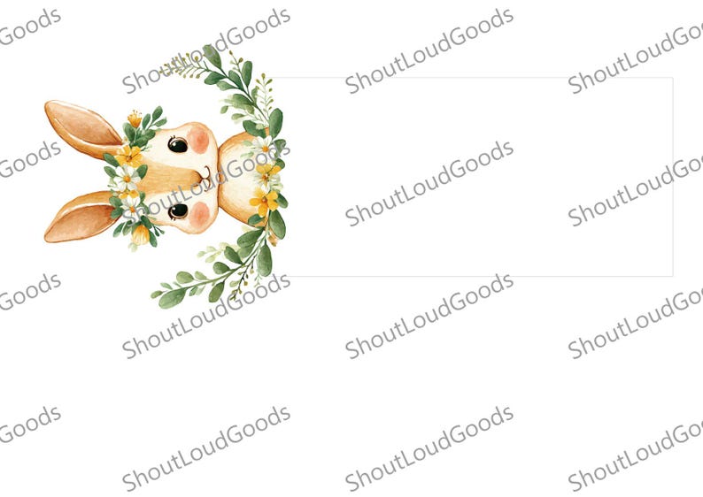 May include: Watercolor illustration of a bunny head with large ears, a pink nose, and black eyes, surrounded by a wreath of green leaves and yellow flowers. The text "ShoutLoudGoods" is repeated diagonally across the image.