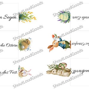 May include: A collection of Easter-themed cards with watercolor illustrations of bunnies, eggs, and floral accents. Each card features German text, including phrases like "bist ein Segen" and "hast frohe Ostern."