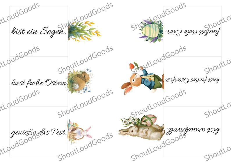 May include: A collection of Easter-themed cards with watercolor illustrations of bunnies, eggs, and floral accents. Each card features German text, including phrases like "bist ein Segen" and "hast frohe Ostern."