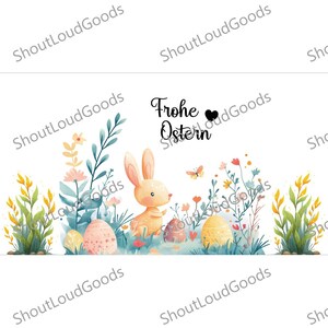 May include: Watercolor illustration featuring a cute Easter bunny with long ears, surrounded by colorful eggs, flowers, and greenery. The words "Frohe Ostern" are written above the bunny. A butterfly is also present.