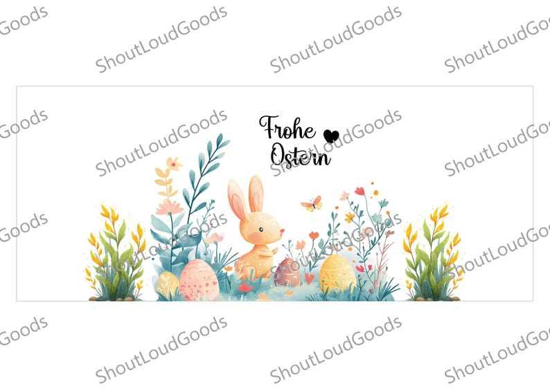 May include: Watercolor illustration featuring a cute Easter bunny with long ears, surrounded by colorful eggs, flowers, and greenery. The words "Frohe Ostern" are written above the bunny. A butterfly is also present.