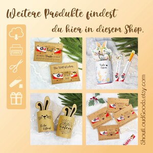May include: A collection of printable paper crafts featuring brown and white cardstock holders for chocolate bars. The items include bunny-shaped cutouts, Easter-themed graphics, and German text such as Frohe Ostern, du hast ein dickes Danke verdient, and Die Welt ist sch&ouml;n.